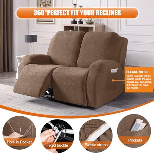 VANSOFY Recliner Cover, 2-Pieces Stretch Reclining Couch Cover with Pockets Loveseat Sofa Slipcovers Soft Washable Furniture Protector for Dogs Cats(Light Coffee)