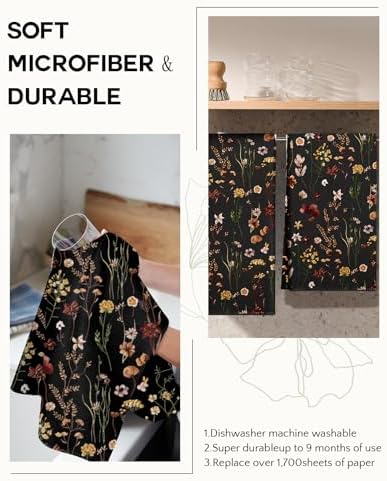 Miss Adola Cute Kitchen Towels Set of 2, 18 x 26 Inch, Black Flower