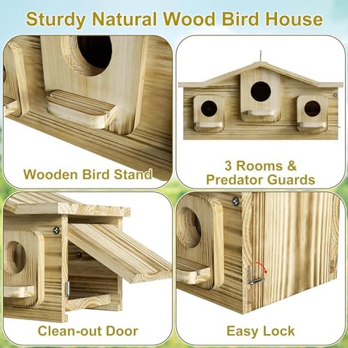 Auslar Bird House for Outside, 3 Hole Wooden Birdhouse for Outdoors Hanging