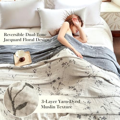QKTE 100% Cotton Muslin Throw Blanket with Tassels, Lightweight Breathable Reversible Cooling Floral Gauze Blanket for Couch Bed, All Season Decorative Bedspread (White Grey, 50" x 60")