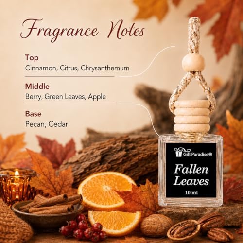 Gift Paradise® Fallen Leaves Car Air Freshener Set of 3, 10 ml Hanging Diffuser Bottles with Wooden Cap, Warm Autumn Scent, Luxury Car & Small Space Fragrance, Premium Magnetic Gift Box