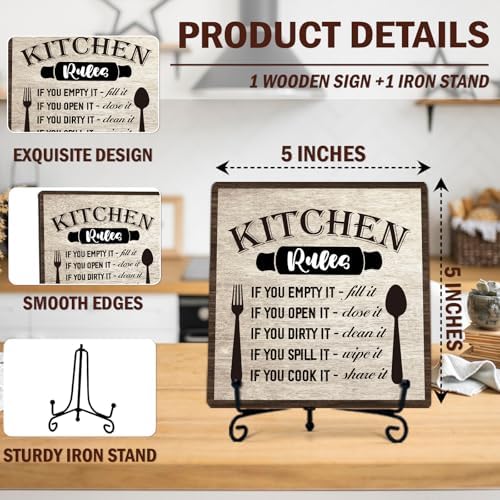 DETIHO Farmhouse Kitchen Decor, Rustic Kitchen Rules Sign Counter Decor