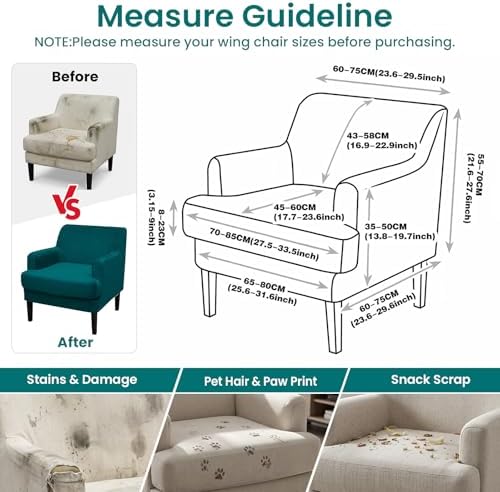 Mid-Century Accent Chair Covers with Cushion Cover Velvet 2 Pieces Upholstered Armchair Slipcovers for Living Room Comfy Sofa Reading Furniture Protector for Apartment Bedroom Office (Green)