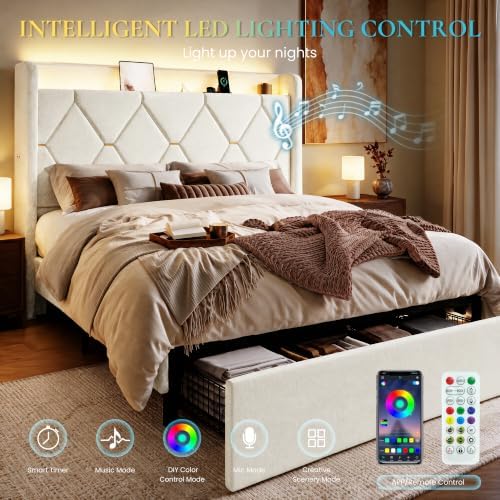 SHA CERLIN Full Size Bed Frame with Storage Drawer & LED Lights, Cream