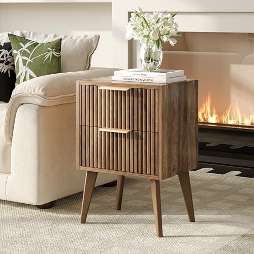 YAUKOMEL Fluted Nightstand with 2 Drawers,Walnut Brown Modern Bedside Table