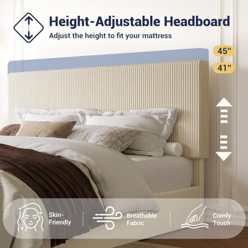 Allewie King Bed Frame, Adjustable Corduroy Headboard, Platform, Cream