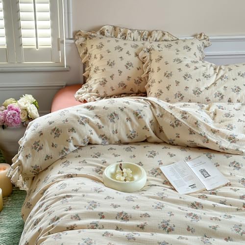 Chic Floral Duvet Cover Set Muslin Cotton Full(80"x90"),Bloom