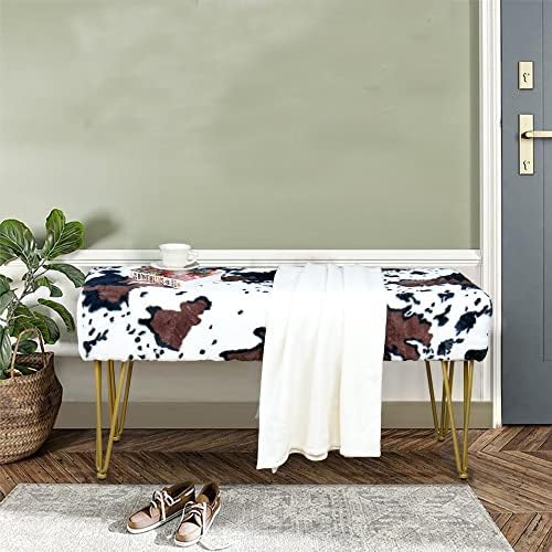 Cow Long Rectangle Faux Fur Ottoman 46"x16"x22" Entryway Bench Soft Furry Footrest Stool Sturdy Accent Seating Bench for Bedroom End of Bed Fuzzy Table for Living Room Closet with Golden Legs
