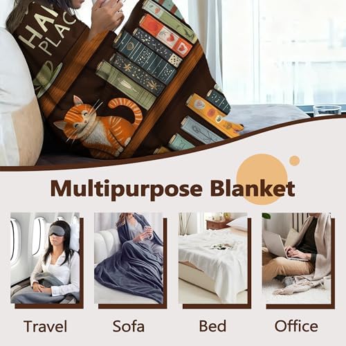 Fall Throw Blanket,Bookshelf Throw Blanket for Couch Home Decor,Cute Cat Soft Plush Travel Blanket Lightweight,Cozy Throws for Couch,Bed,Naps,Reading60 X 80 Inch