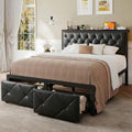 Einhomn Queen Bed Frame with Storage Drawer, Metal Platform Bed with Charging Station, Upholstered Faux Leather Button Tufted Storage Headboard, No Box Spring Needed, Noise-Free, Easy Assembly, Black