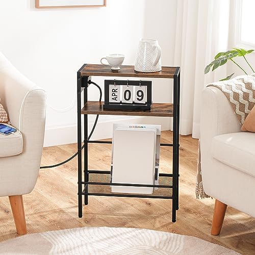 HOOBRO Small Narrow Side Table with Charging Station, Skinny End Table for Small Spaces, Slim Nightstand with USB Ports Outlet, Sofa Beside Table with Storage Shelf, Rustic Brown and Black BF102UBZ01