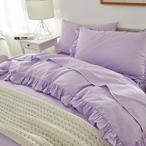 Brandream Kids Bedding Set Full/Queen Size 100% Organic Cotton Duvet Cover Shams Set for Girls 3pc, Delicate Ruffle Fringe Solid Color Soft and Breathable (Purple)