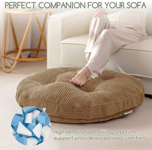HIGOGOGO 35" Floor Pillow Cushion for Adults, Meditation Cushion Pillow, Extra Large Square Floor Sitting, Tufted Corduroy Cover for Tatami Living Room or Yoga, Coffee
