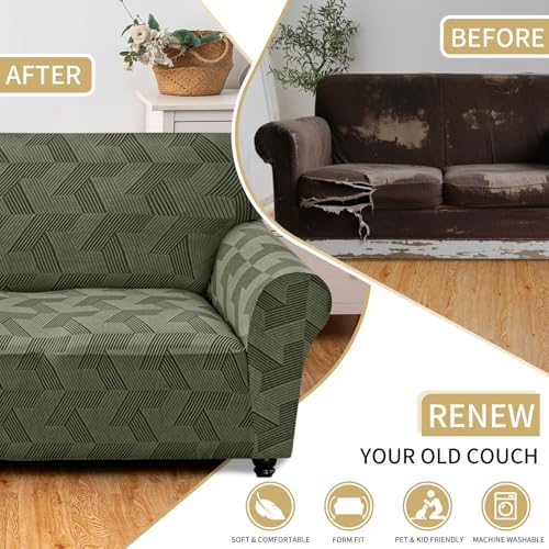 JIVINER 1 Piece Couch Cover for 2 Cushion Couch, High Stretch Loveseat Covers with Elastic Bottom, Washable Sofa Slipcovers for Dog, Pets Feature Geometrical Jacquard Fabric (Loveseat, Army Green)