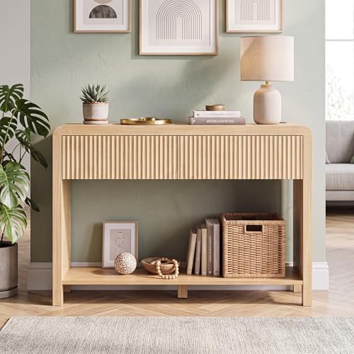 Seang Fluted Sofa Table with Power Outlets,47" Narrow Console Table with 2 Drawers Behind Couch,Curved Entryway Tables with Open Storage for Entrance,Hallway,Living Room,Natural