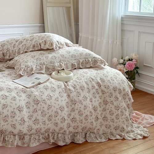 BuLuTu Chic Shabby Floral Duvet Cover King Cotton Muslin Bedding Set 3 Pieces, Cottagecore Ruffled Princess Comforter Cover with 2 Pillowcases, Pink Peony Pattern Quilt Cover for King Bed