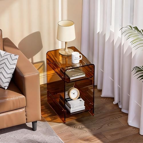 Clear Acrylic Side Table Narrow, Side Table for Small Spaces, Skinny Nightstand/Bedside Table for Bedroom, Slim Small End Table, 8.7'' x 15.7'' x 21.7" (Dark Brown, Wide)