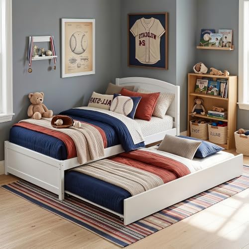 Daybed with Trundle, Twin Size Pull Out Bed, Solid Wood Extendable Day with Trundle Bed Twin, Include Slat Support (White, Trundle)
