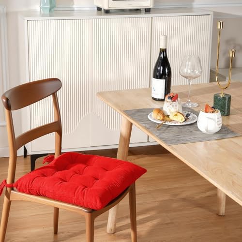 HLOVME Corduroy Chair Cushion with Ties Ultra Soft Warm Floor Cushion for Kids Reading Nook Comfortable Square Seat Cushion for Adult 15.7”x15.7” Set of 2, Bright red