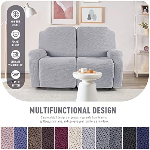 KinCam Recliner Covers, Stretch Reclining Chair Covers, Recliner Sofa Slipcovers Stripe Jacquard Recliner Couch Covers Furniture Protector Covers for Pet Kid (2 Seater, Silver Gray)