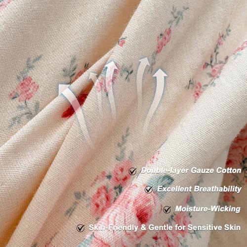 Pink Flower Duvet Cover Set Muslin Cotton Queen(90"x90"),Rose