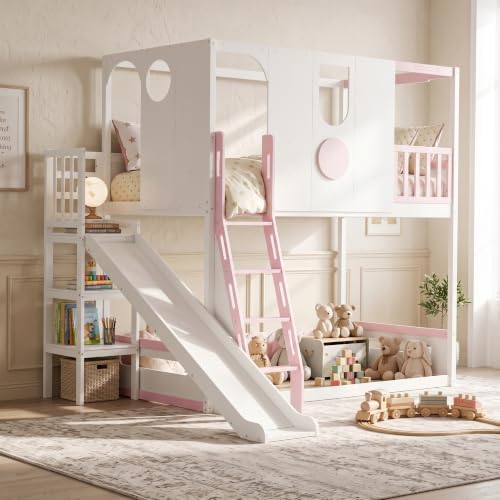Merax Twin Size Playhouse Bunk Bed with Slide and Storage Shelves, Pink