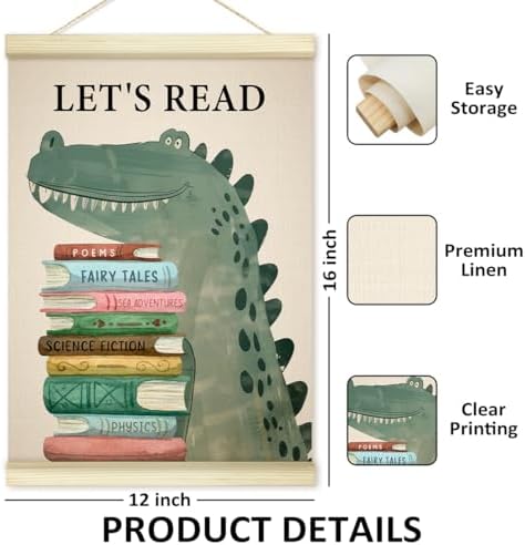 Cute Crocodile Animal Reading Poster Hanger Frame, Let's Read Poster Frames Artwork Canvas Wall Art Prints, Educational Wall Decor Art Prints Hanging For Kids Room Nursery Classroom 12x16 Inch - 09