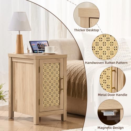 YUFAM Rattan Nightstand with Charging Station, Natural