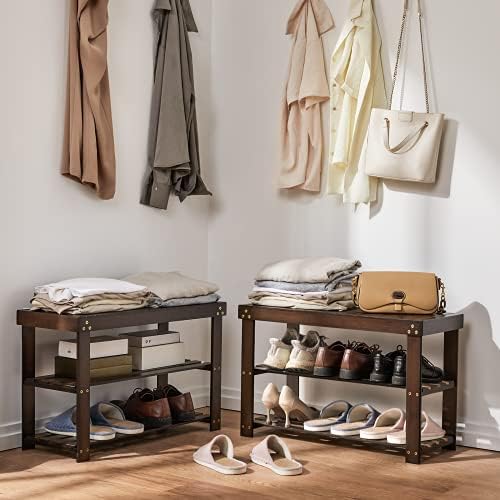 Pipishell 3 Tier Bamboo Shoe Rack Bench for Entryway, Brown