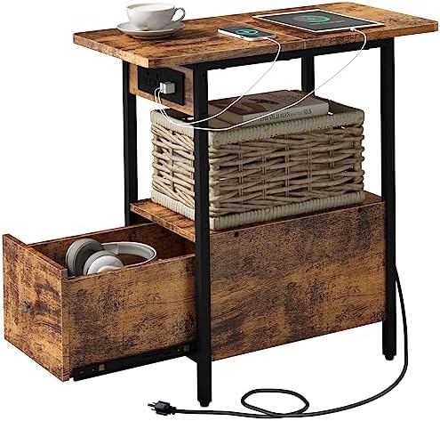 LIDYUK End Table with Charging Station, Narrow Side Table with Drawer