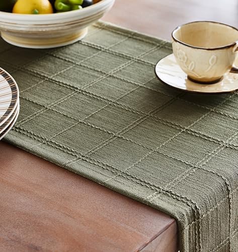 ZeeMart Linen Checked Farmhouse Table Runner, 13x90 Inches Olive