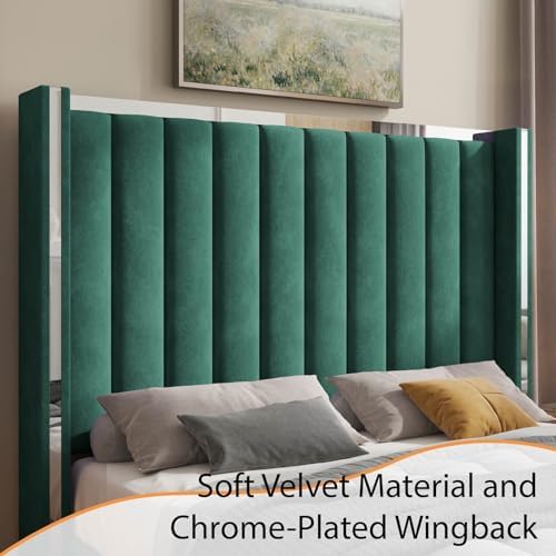 Jocisland King Size Upholstered Bed Frame with 58" Tall Headboard, Green