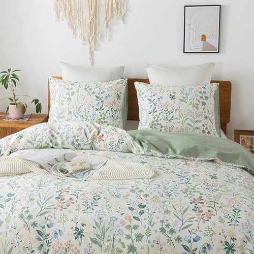 Botanical Duvet Cover Set 100% Cotton Queen(90"x90"),White/Sage Green