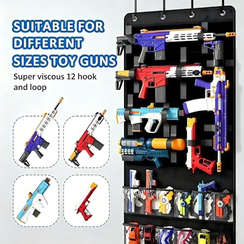 Over the Door Organizer for Toy Guns, Hanging Storage with Pockets and Adjustable Straps for Foam Blasters, Darts, Goggles & Accessories, Door Mount Organizer for Playrooms and Game Rooms