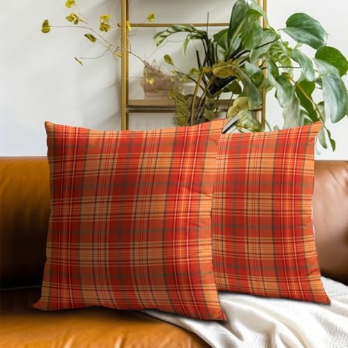 Fall Plaid Throw Pillow Covers 18x18inch Set of 2 Burnt Orange Buffalo Plaid Print Pillowcase Autumn Colored Tartan Thanksgiving Farmhouse Seasonal Decorative Cushion Cases for Home Sofa Patio