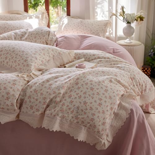 HighBuy Muslin Duvet Cover Queen Vintage Pink Floral Ruffle Lace Coquette Bedding Set French Gauze Textured Soft Breathable Farmhouse Bedding with Zipper Closure & 4 Corner Ties