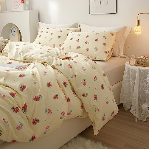 Strawberry Duvet Cover Set 100% Cotton,Queen(90"x90"),Cream
