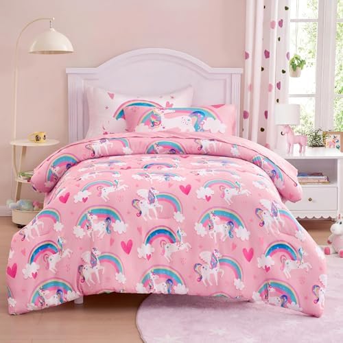 Joiedomi Kids Comforter Set Bedding Set for Boys Girls Super Soft Microfiber Bed in a Bag with Comforter Sheets Pillowcase Sham, Pink Unicorn Rainbow, Twin
