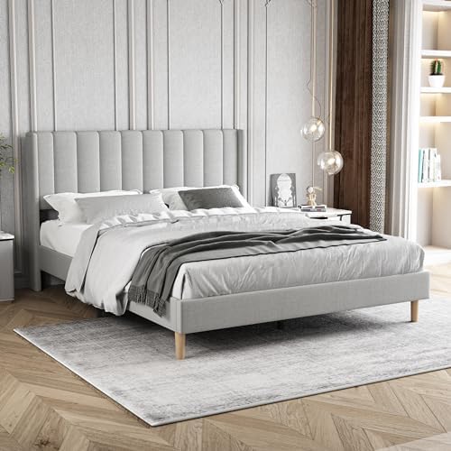 Queen Size Bed Frame with Linen Upholstered Headboard, Light Gray