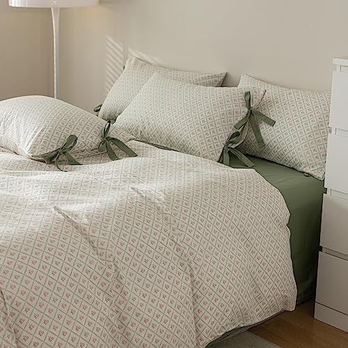 LifeTB Pink Floral Comforter Set Queen Plaid Grid Cute Flower Comforter 3 Pieces Cottagecore Bedding Comforter Aesthetic Flowers Boho Comforter with 2 Bowknot Pillowcases Farmhouse Bedding Set