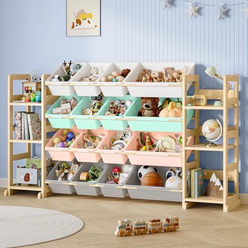 EXPERLAM Extra Large Toy Storage - Toy Storage Organizer, Wooden Toy Organizer with 6 Side Shelves and 16 Bins, 3-in-1 Bookshelf for Kids Rooms, Playroom, Nursery, Multi