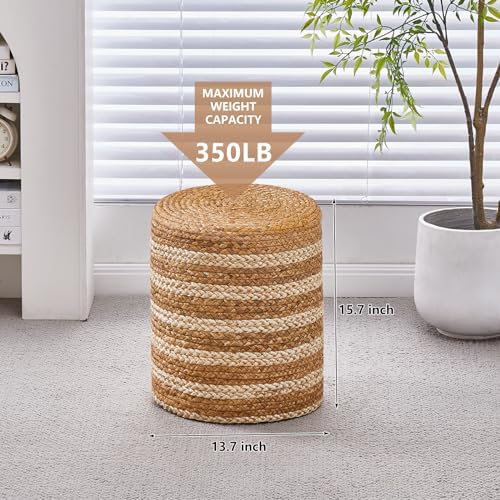 14" Boho Pouf Patio Ottomans Natural Straw Handweave Rustic Round Footstool