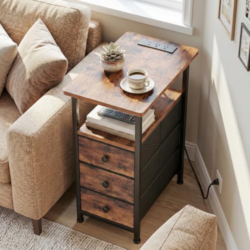 LOAKEKEL Narrow Side Table, Small End Table with Charging Station