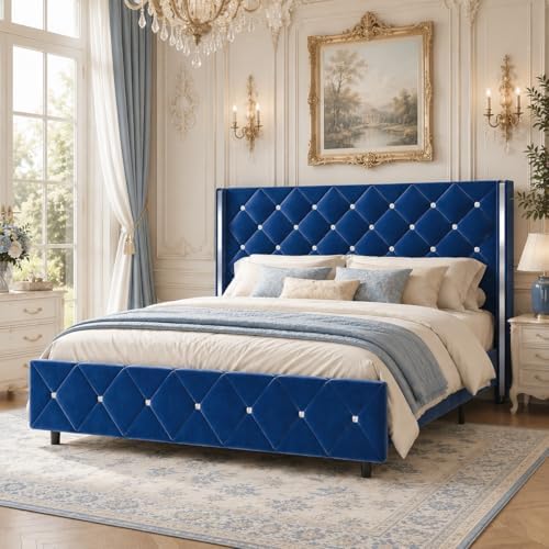 HOMBCK Bed Frame Full Size with Velvet Headboard, Silverside Wingback, Blue