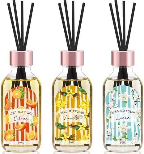 Reed Diffuser Set of 3 Pack, Linen Vanilla Citrus Scented Oil Diffuser with 15 Sticks, Reed Diffusers for Home, Bathroom Air Freshener, 1.7 Fl.oz Each, Total 5.1 Oz