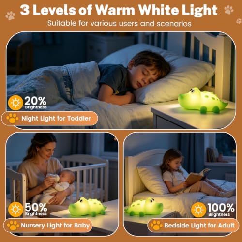 AVEKI Crocodile Night Light for Kids, Silicone Touch Bedside Lamp (Green)