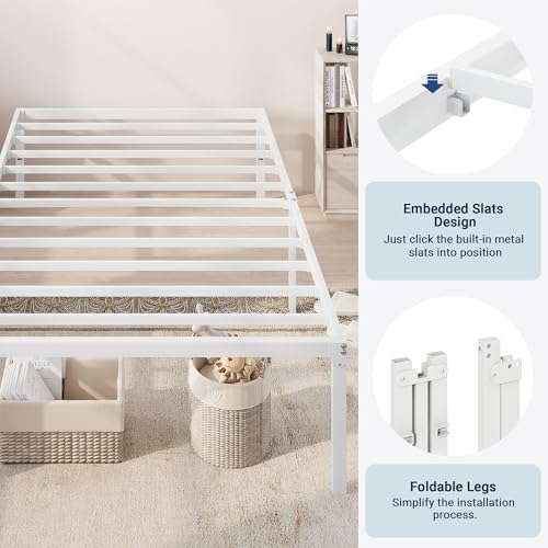 Allewie Twin XL Bed Frame, 18 Inch Metal Beds with Storage Space, White