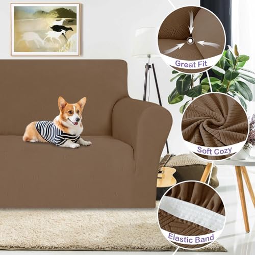 ZNSAYOTX Super Stretch Loveseat Covers (57"-70"), New Striped Love Seat Slipcover, Dogs Pet Friendly Anti-Slip Couch Protector Spandex Durable 2 Seater Fabric Sofa Cover (Light Coffee, Loveseat)