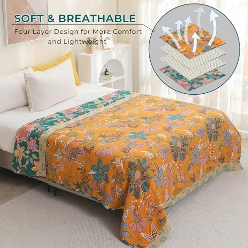 Green Floral Cotton Throw Blanket for Bed Couch Travel 60''x80''