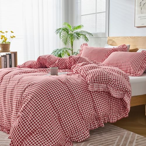 Gingham Duvet Cover Twin Size, 2 Pieces Soft Breathable Microfiber Plaid Duvet Cover with Zipper Closure & 1 Pillow Shams, Ruffle Farmhouse Vintage Decor, Red